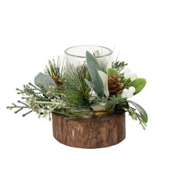 Decoris Theelichthouder glas in houten standaard met kerststukje groen/wit H14 cm
