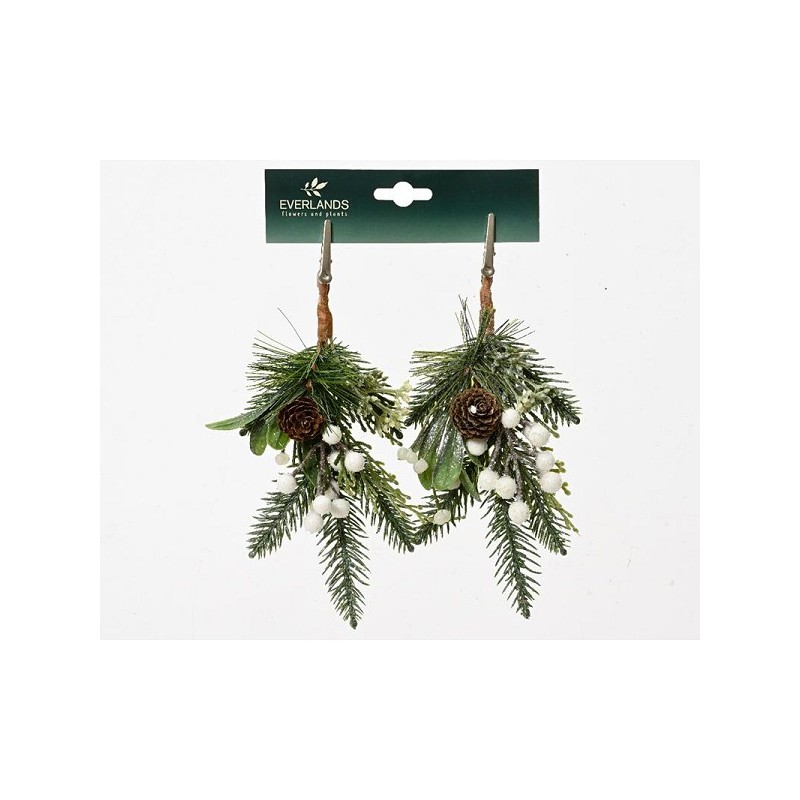 Decoris Brindille de Noël verte avec décoration blanche finition pailletée - sur clip 2 pièces - H22cm L8cm