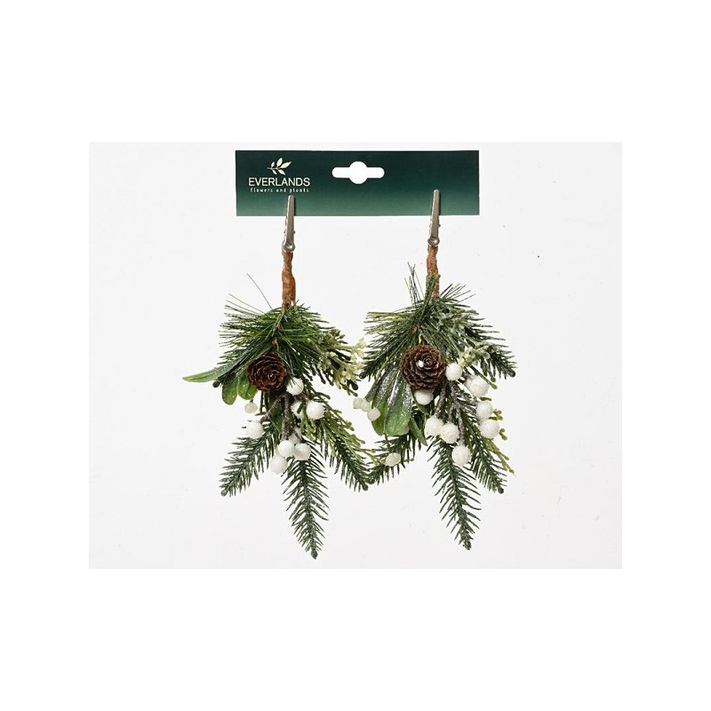 Decoris Kersttakje groen met witte decoratie met glitter finish - op clip 2 stuks- H22cm B8cm