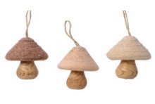 Decoris hangdeco Paddenstoel hout met wol en glitters - H10cm B7cm