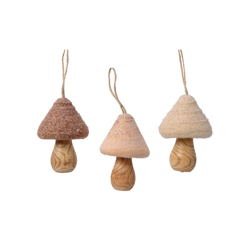 Decoris hangdeco Paddenstoel hout met wol en glitters - H10cm B7cm