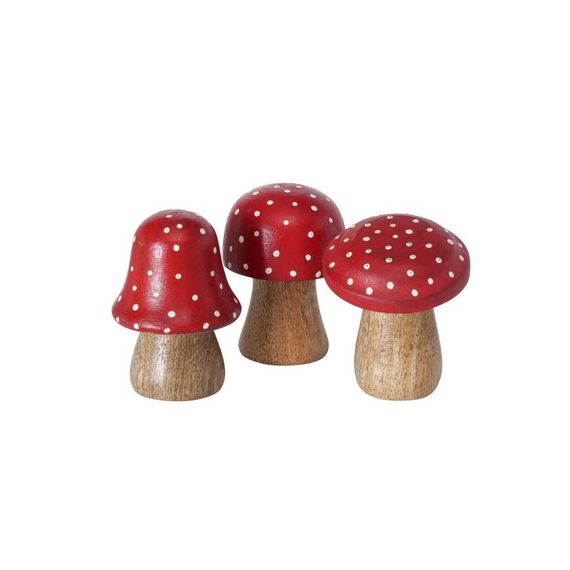 Boltze Home Champignon Pitu en Bois de Manguier à Pois Rouge-Blanc H7cm Dia5cm