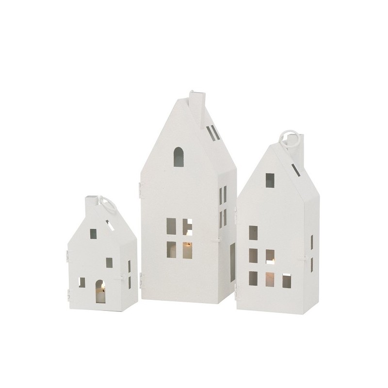 Boltze Home Lanterne métal Vybano lot de 3 pièces modèle maison - blanc H18cm, H26cm et H32cm