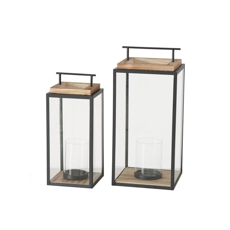 Boltze Home Lanterne Damiano set de 2 pièces en bois, métal et verre H35cm et H45cm