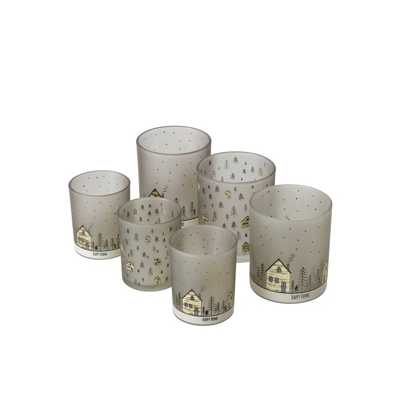 Boltze Home Theelichthouder glas Homewood set a 2 stuks met afbeelding van huisjes- H8,5cm Dia 7cm en H10cm Dia 9cm