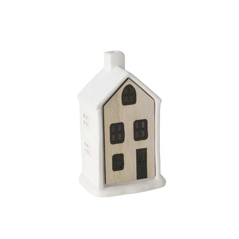 Boltze Home Cottage Homewood en porcelaine avec bois L8 cm x L5,5 cm x H13 cm (pile LR44 incluse)