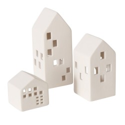 Boltze Home Photophore Hans maisons en céramique blanche set de 3 pièces H7cm, H14cm et H18,5cm