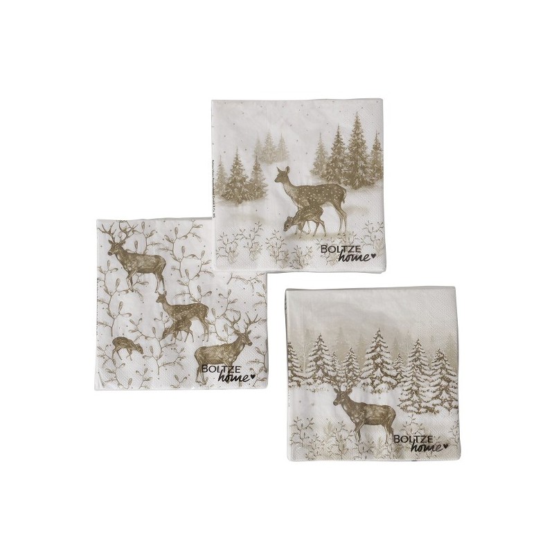 Boltze Home Serviettes Anton avec image de cerfs et d'arbres de Noël 20 pièces 33x33cm
