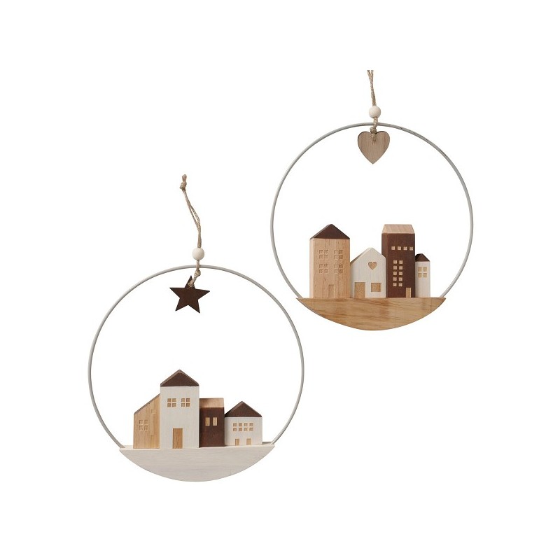 Boltze Home Decoratieve hanger Oscar met houten huisjes in metalen ring dia 25cm