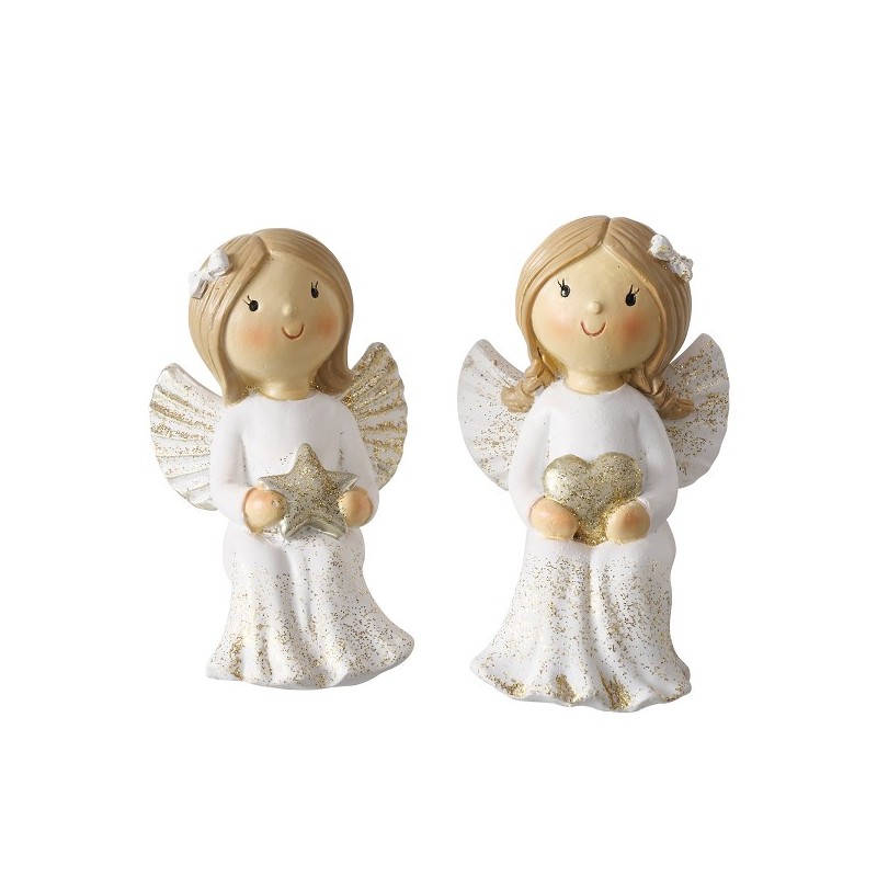 Boltze Home Figurine de Noël ange Antonea assis - céramique H8,5cm blanc avec coeur ou étoile