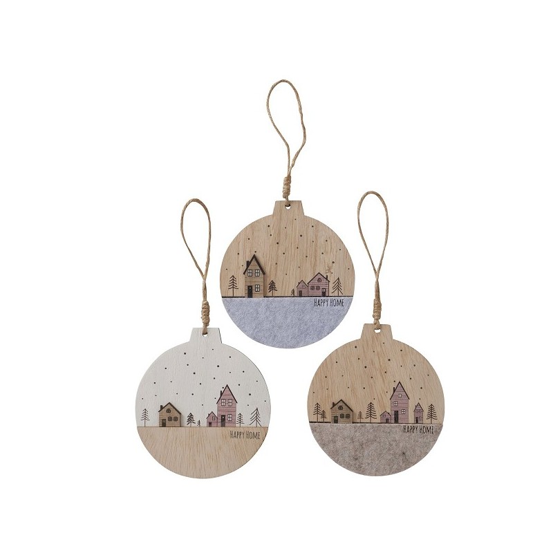 Boltze Home Decoratieve hanger Homewood in de vorm van kerstbal met dessin van huisjes met kerstbomen- gemaakt van hout en vilt 