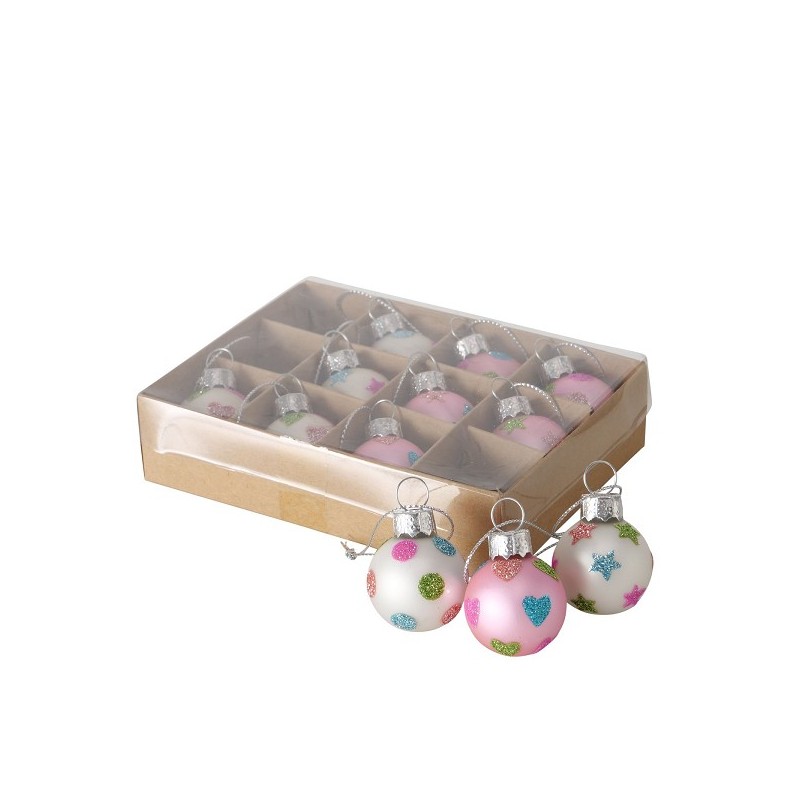 Boltze Home Kerstbal glas Holy 12 stuks in doosje- roze en wit gestippeld
