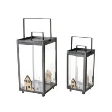 Boltze Home Lanterne Homewood en métal et verre avec maisons en bois - lot de 2 - H31cm et H24cm