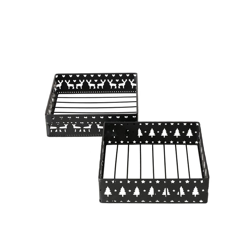 Boltze Home Porte-serviettes Norvag en métal noir avec décor cerf ou sapins de Noël 18x18cm