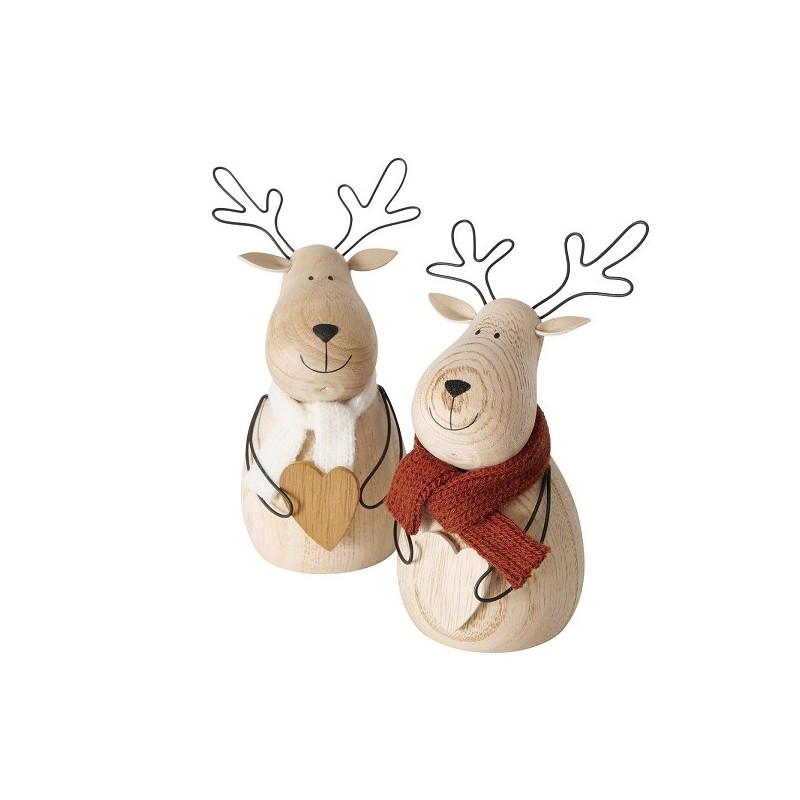 Boltze Home Figurine de Noël en bois cerf Bengt avec écharpe H14cm