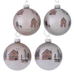 Boltze Home Kerstbal Homewood glas- met dessin van huisjes en kerstbomen -dia 8 cm