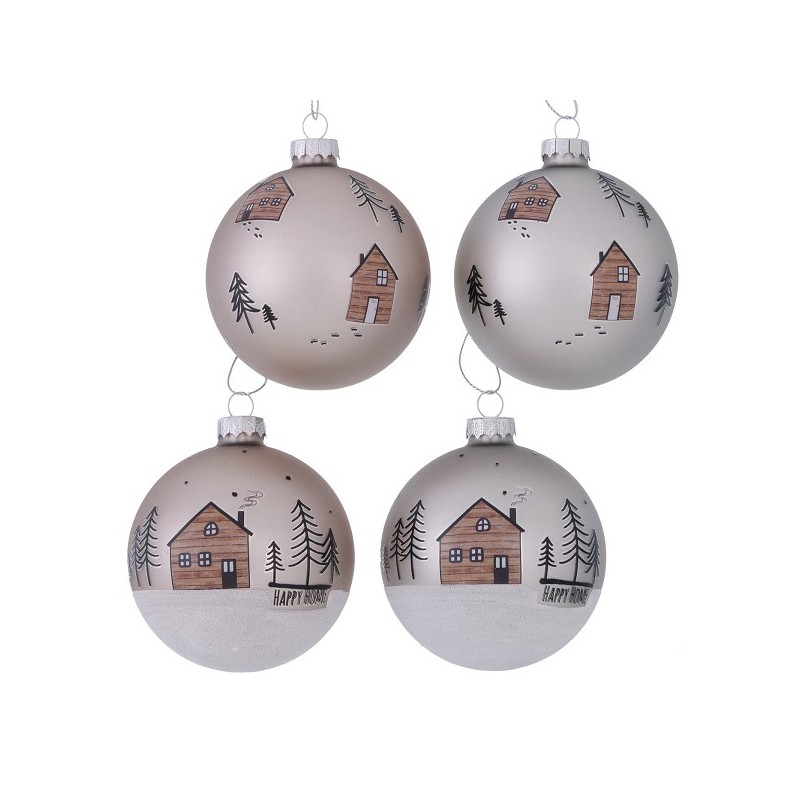 Boltze Home Kerstbal Homewood glas- met dessin van huisjes en kerstbomen -dia 8 cm