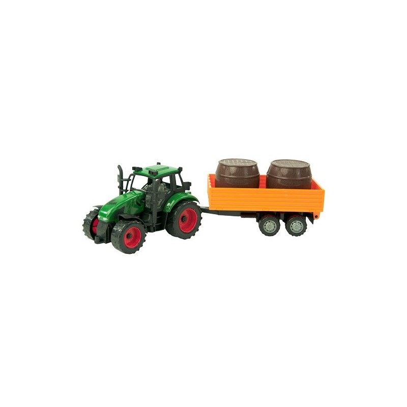Tractor frictie met aanhanger met balen 37cm. Rood of groen. In vensterdoos.