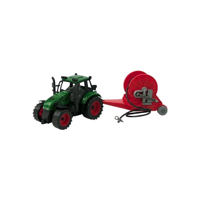 Tracteur à friction avec remorque à enrouleur 37cm. Rouge ou vert. Dans la boîte de fenêtre