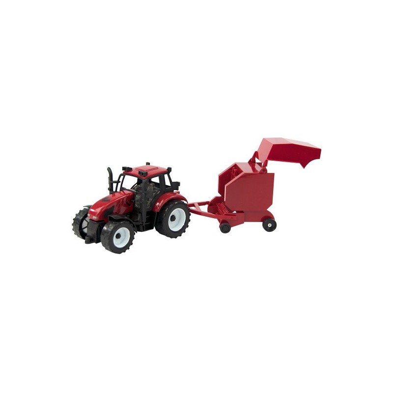 Tracteur à friction avec presse-balles 37cm. Rouge ou vert. Dans la boîte de fenêtre