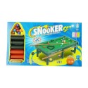 Poolbiljart snooker 33x26x10cm. met 10 genummerde, gekleurde ballen, witte bal, opzetdriehoek en twee keu's.