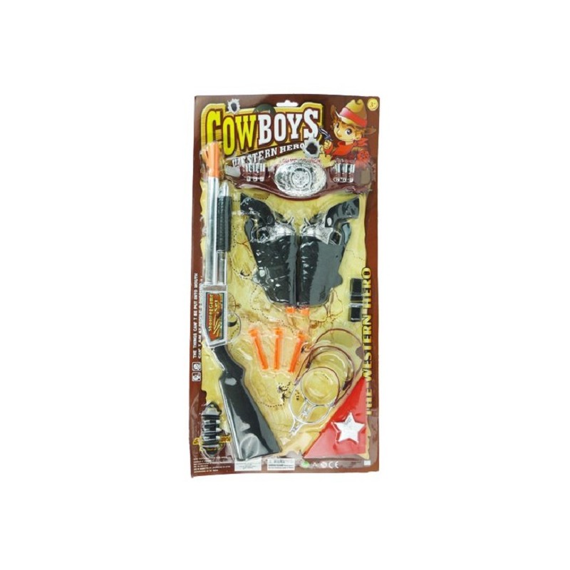 Cowboyspeelset met pistolen, geweer sporen en sherrifster.