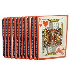 Cartes à jouer plastifiées rouges ou bleues. Prenez 10 paquets de 52 cartes et deux jokers.