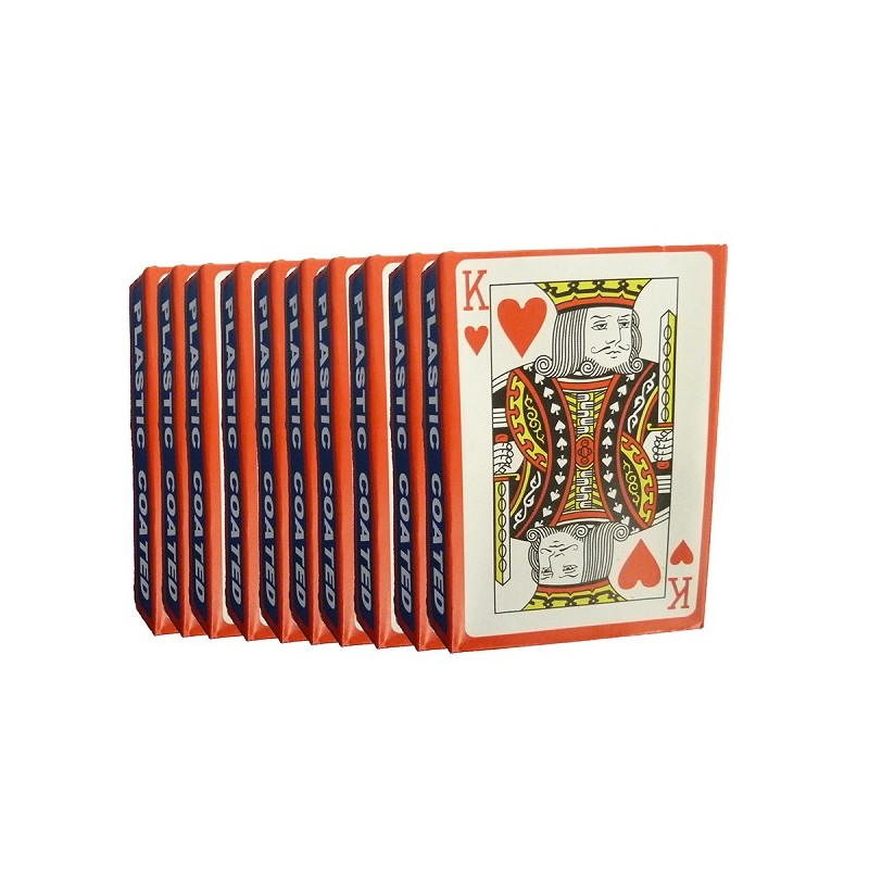 Speelkaarten plastic coated rood of  blauw. Pak a 10 pakjes met 52 kaarten en twee jokers.