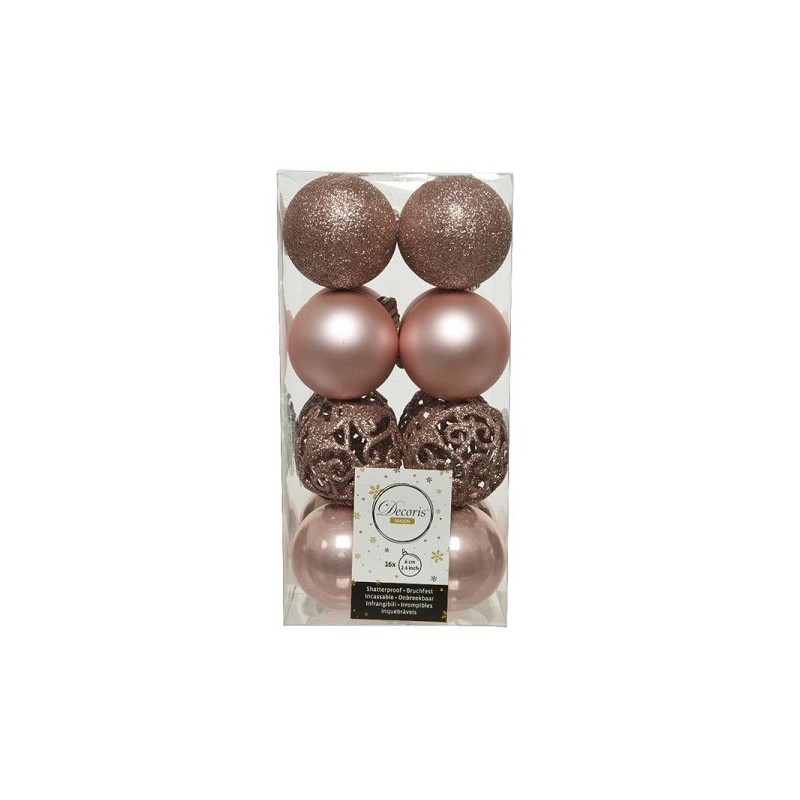 Decoris ensemble de boules de Noël mélange plastique 16 pièces dia6cm rose poudré