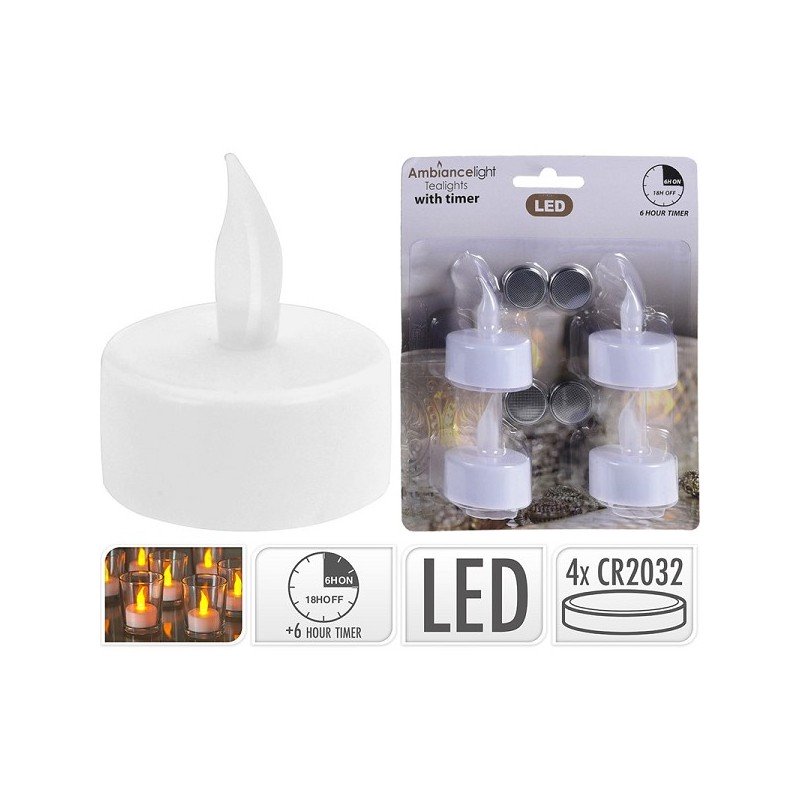 LED theelicht waxinelicht met timer op batterij (inclusief) pak a 4 stuks