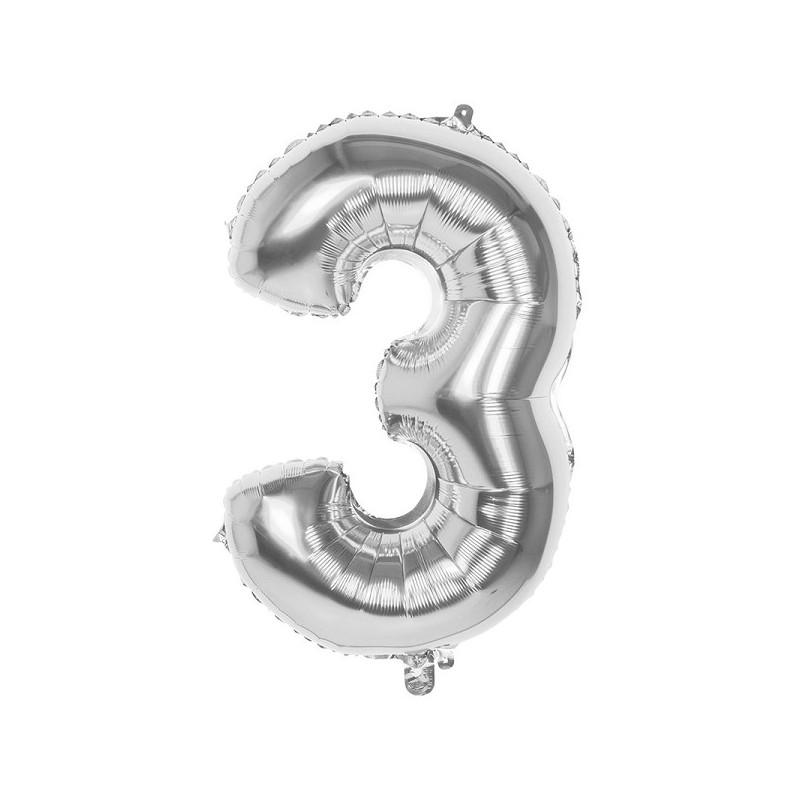Ballon chiffre chiffre '3' feuille d'argent 86cm adapté à l'hélium