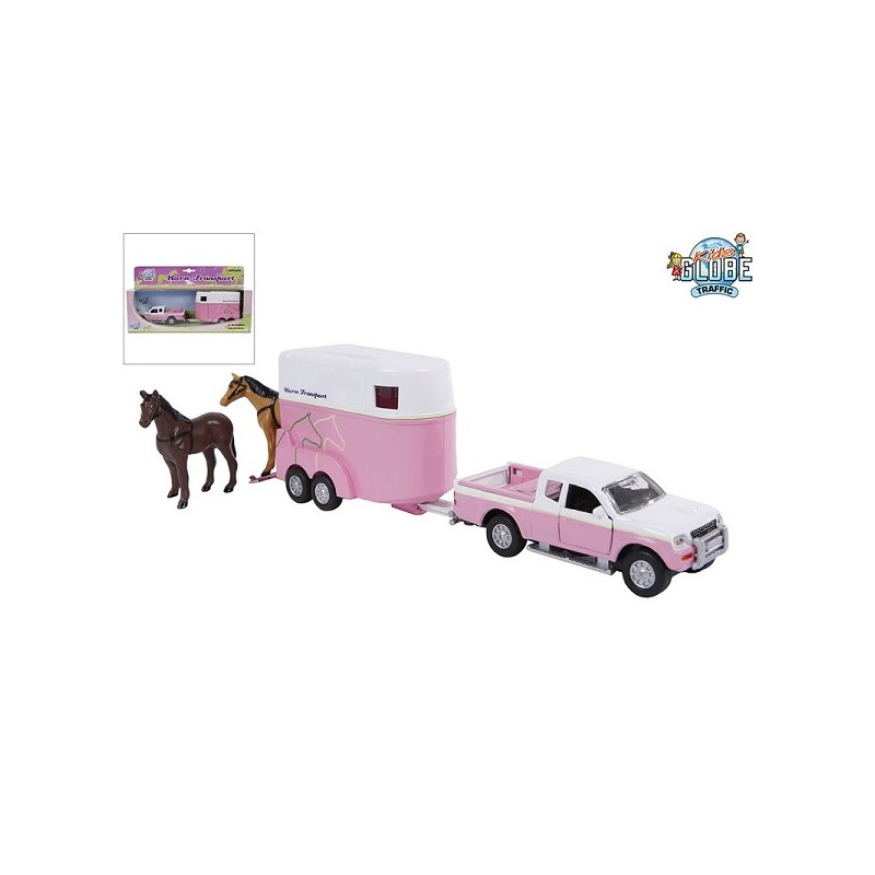 Kids Globe Mitsubishi met paardentrailer die cast roze 27cm