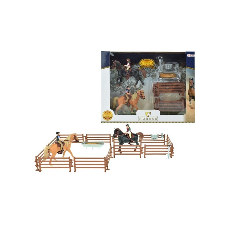 Toi Toys Twee paarden met ruiters hekwerk en 4 assorti accessoires