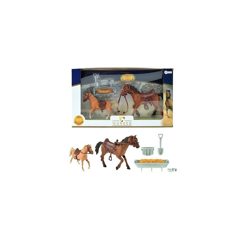 HORSES PRO Ensemble de chevaux -2 pièces avec accessoires-y compris mangeoire