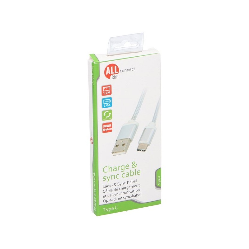 Câble USB avec câble USB type C longueur 120 cm 2A nylon blanc Charge et Sync