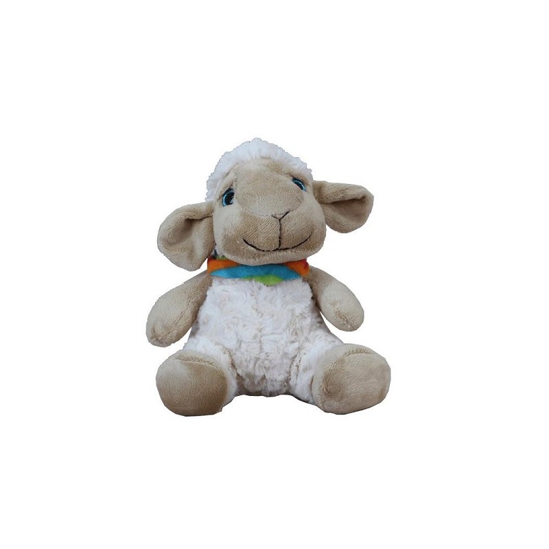 Peluche mouton assis avec écharpe colorée 20cm