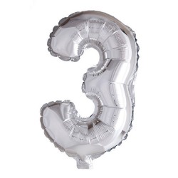 Ballon chiffre chiffre '3' feuille d'argent 40cm adapté à l'hélium