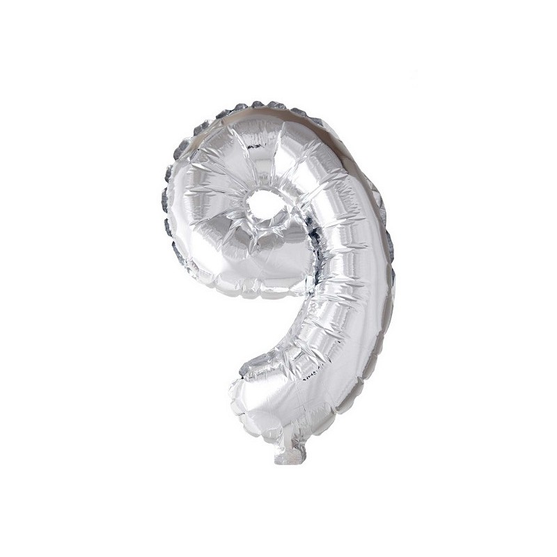 Ballon chiffre chiffre '9' en feuille d'argent 40cm adapté à l'hélium.