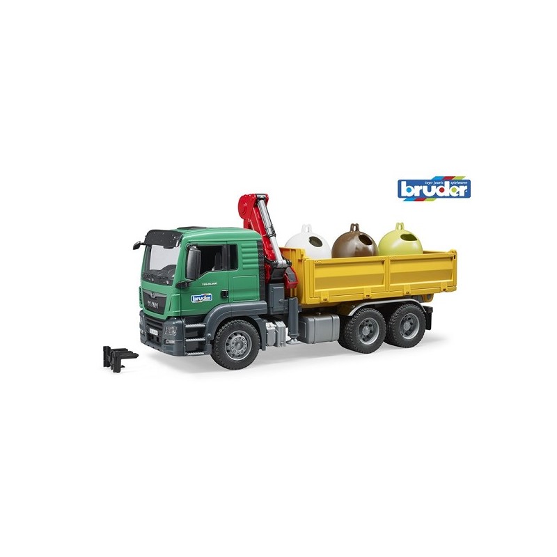 Bruder MAN TGS vrachtwagen glasrecycling met 3 glasbakken