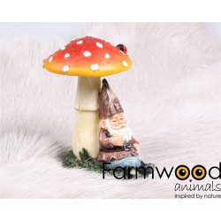 Farmwood Animals Tuinbeeld  kabouter mini slapend tegen paddenstoel rood met witte stippenl 20x9x12cm