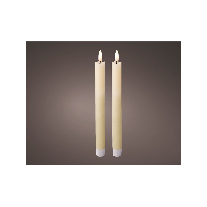 Coffret bougies dîner Lumineo LED avec cire effet flamme avec flamme 3D vacillante lot de 2 crème dia2x24cm sur batterie avec mi