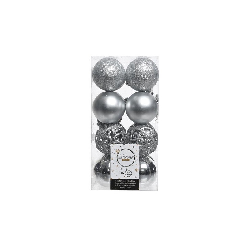 Decoris Boule de Noël mélange plastique 16 pièces argent dia6cm