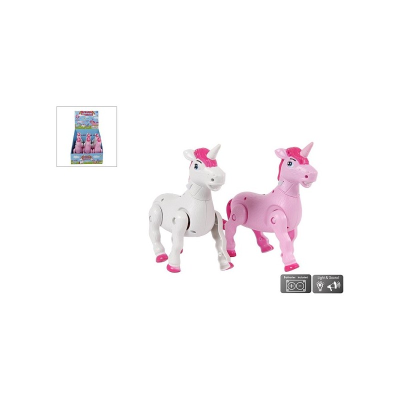 Unicorn lopend met licht en geluid 18x17cm. Batterijen zijn inbegrepen.