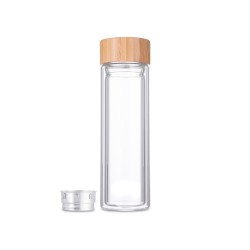 Dubbelwandige infusiefles drinkfles glas/bamboe 400ml met rvs zeef