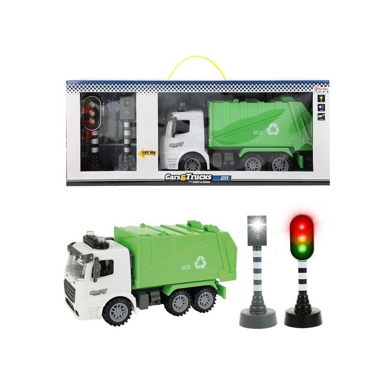 Toi Toys Set vuilniswagen frictie + verkeerslicht (licht+geluid)