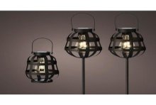 LED Solar licht lantaarn set Ø14-H80cm 2 steek lantaarns en 1 tafel lantaarn metaal zwart heeft 6 branduren en schakelaar