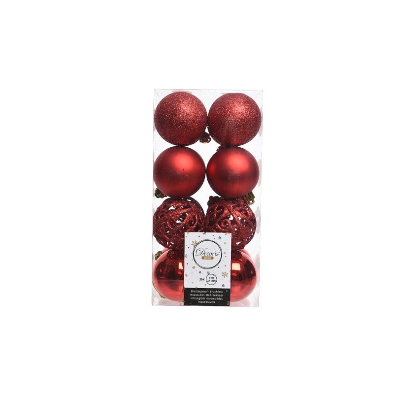 Decoris kerstballenset kunststof mix 16 delig dia6cm kerstrood