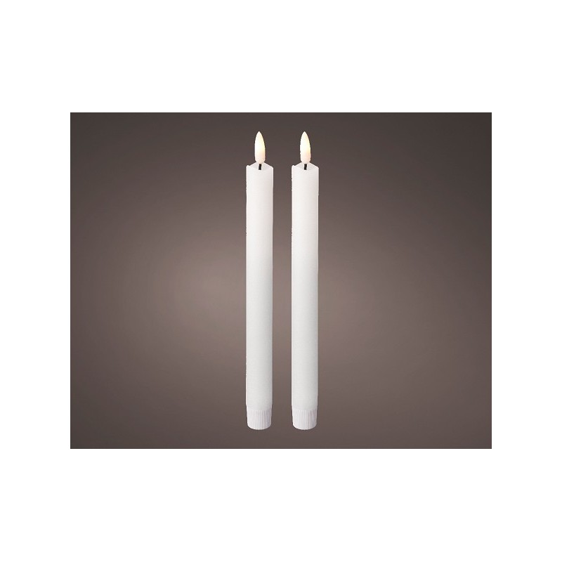Coffret bougies dîner Lumineo LED avec cire effet flamme avec flamme 3D vacillante lot de 2 blanc dia2x24cm sur batterie avec mi