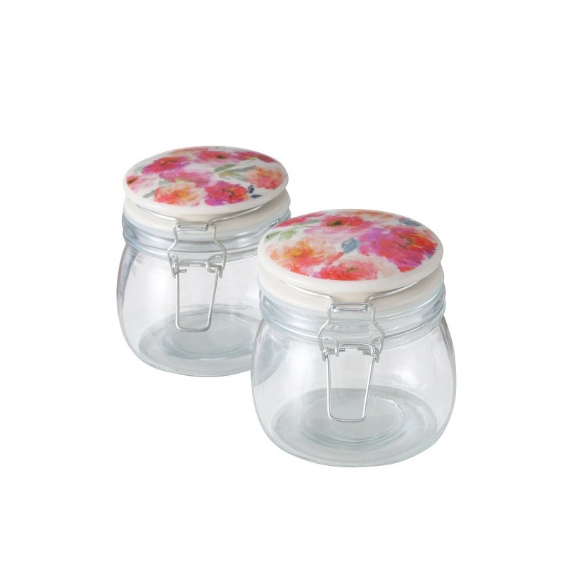 Boltze Home Pot de conservation en verre Karella avec couvercle en céramique avec image de fleurs - 450ml - H11cm - Dia 11cm