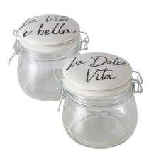 Boltze Home Pot de conservation Dolce Vita, 2 ass., 450 ml, H 12,00 cm, Verre transparent, Porcelaine, Multicolore, Dicton/Texte